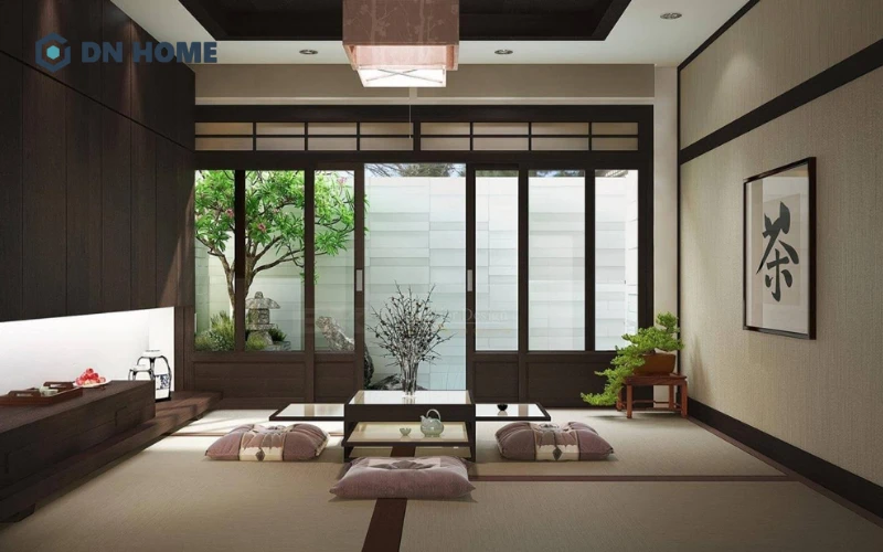 Gam màu nâu tối làm tăng thêm chiều sâu, cảm giác thư giãn cho phòng khách phong cách Nhật