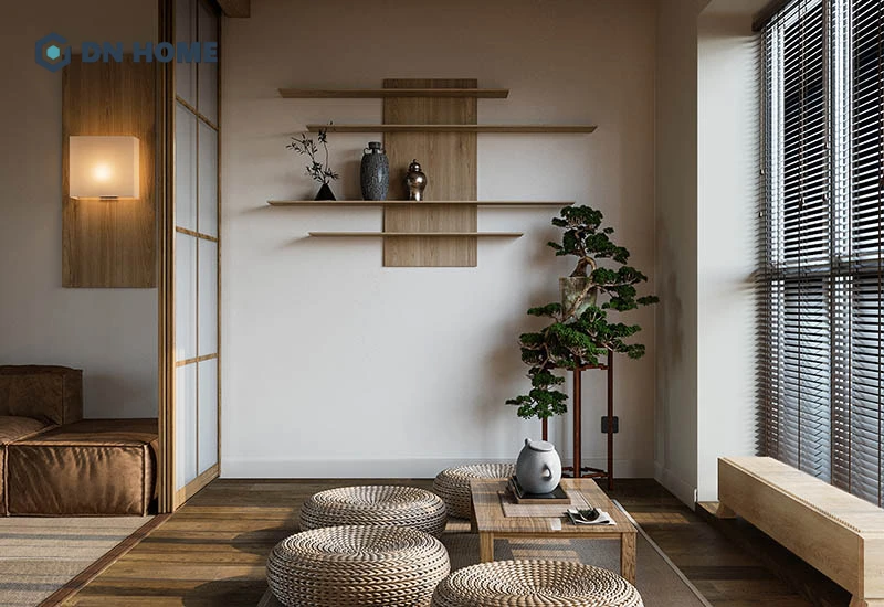 Phòng khách tối giản kiểu Nhật kết hợp với cửa trượt shoji thể hiện rõ vẻ đẹp truyền thống