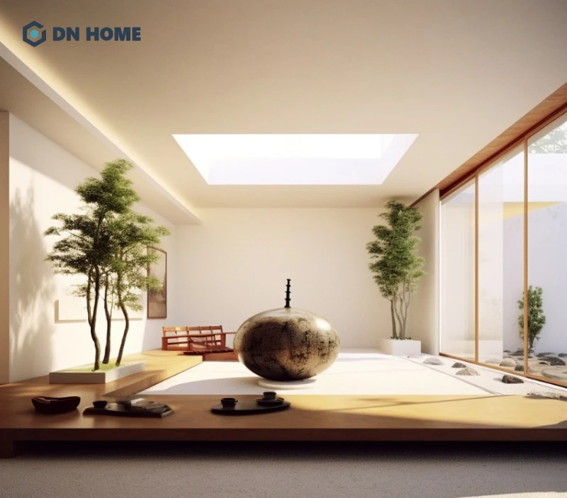 Thiết kế giếng trời và thông tầng giúp không gian phòng khách Nhật trở nên ấn tượng, thu hút