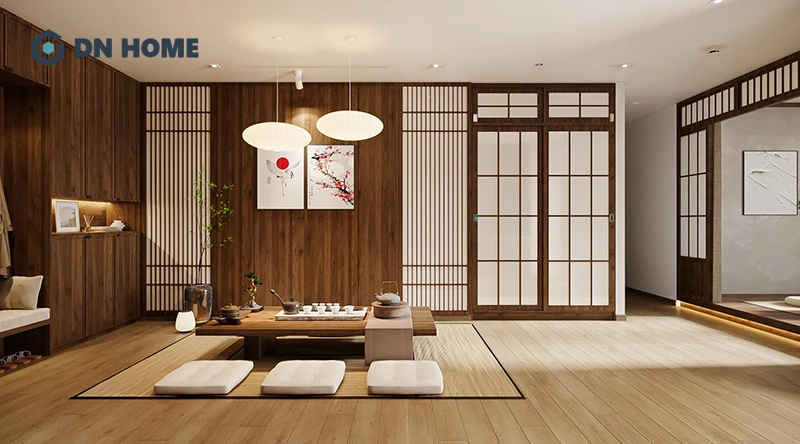 Đèn lồng và cây bonsai nhỏ sẽ là điểm nhấn trang trí trong không gian phòng khách Nhật bàn trà truyền thống