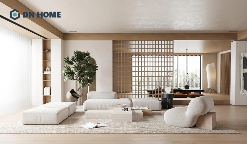 Chất liệu gỗ công nghiệp cùng kinh, kim loại tạo điểm nhấn trong không gian phòng khách Nhật hiện đại