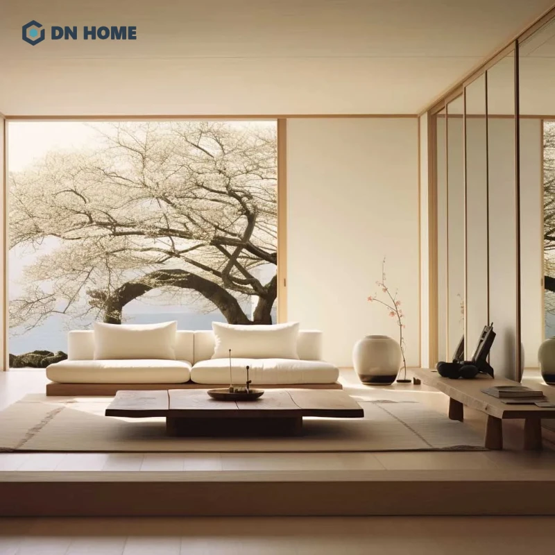 Cửa kịch trần cùng gam màu trung tính là điểm nhấn trong thiết kế phòng khách Nhật hiện đại
