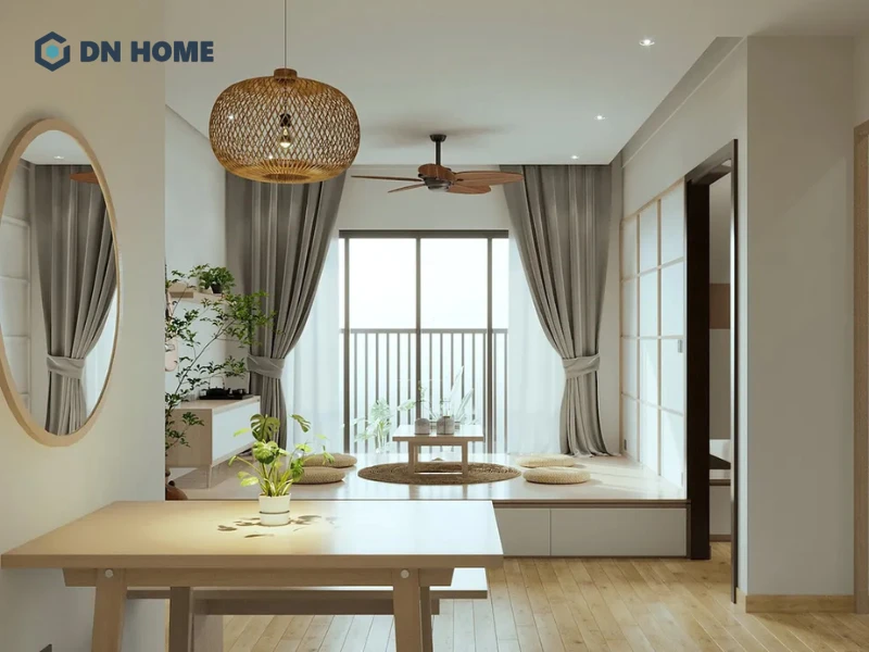 Phòng khách trong căn hộ chung cư kiểu Nhật thường thiết kế mở để tối ưu diện tích
