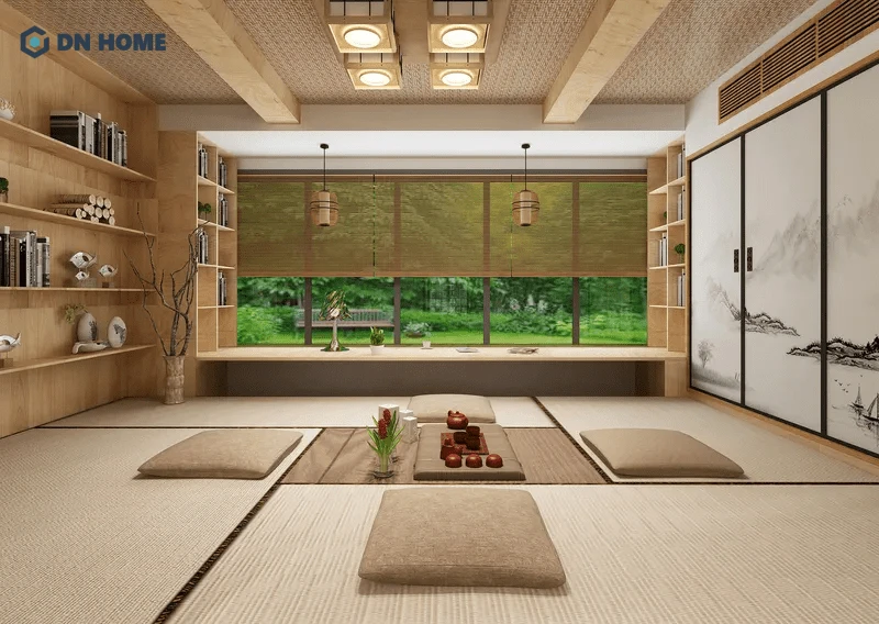 Phòng khách phong cách Nhật thường sử dụng tatami để trải thảm ngồi bệt
