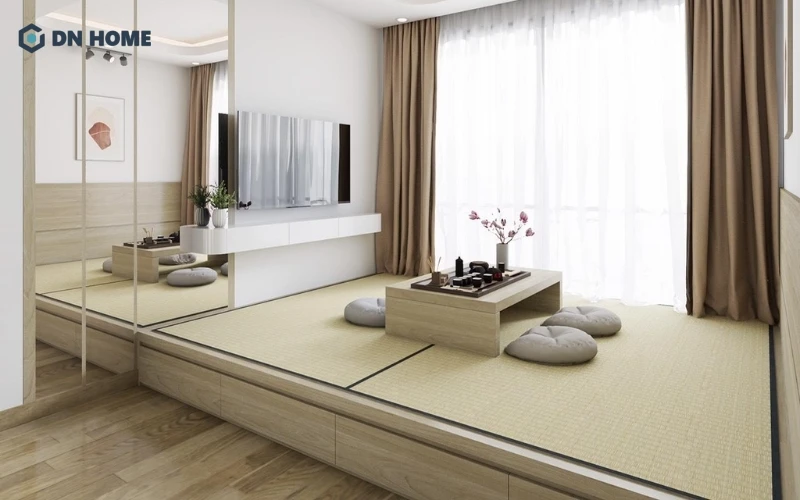 Chất liệu gỗ và ánh sáng tự nhiên là đặc trưng trong không gian phòng khách Nhật Bản