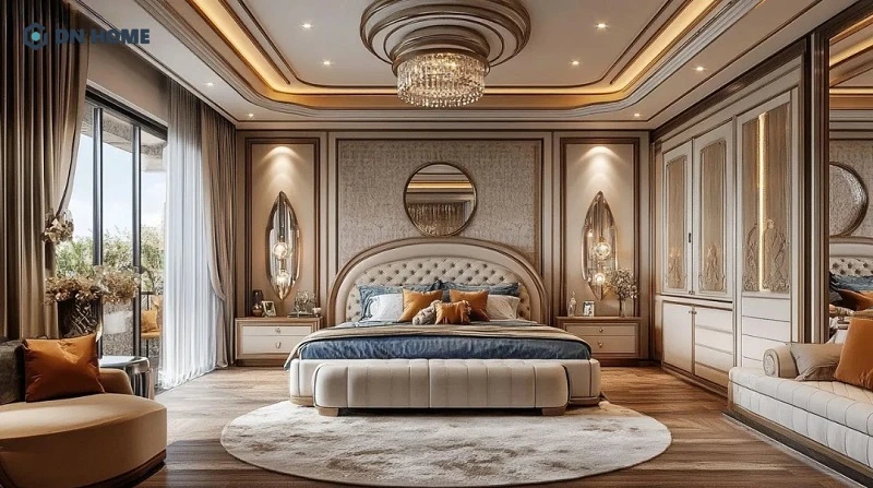 Không gian phòng ngủ hoàng gia luxury toát lên vẻ sang trọng thông qua chất liệu đắt giá và cách phối màu tinh tế