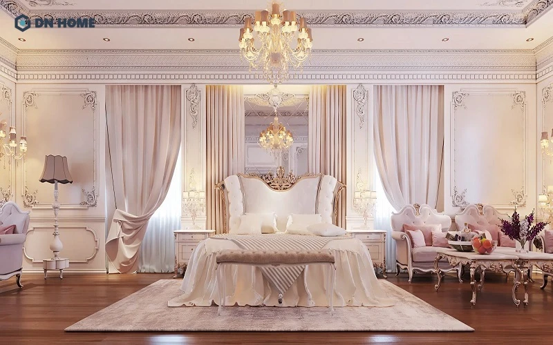 Mẫu phòng ngủ kiểu công chúa phong cách hoàng gia với gam màu hồng nhẹ đầy nữ tính