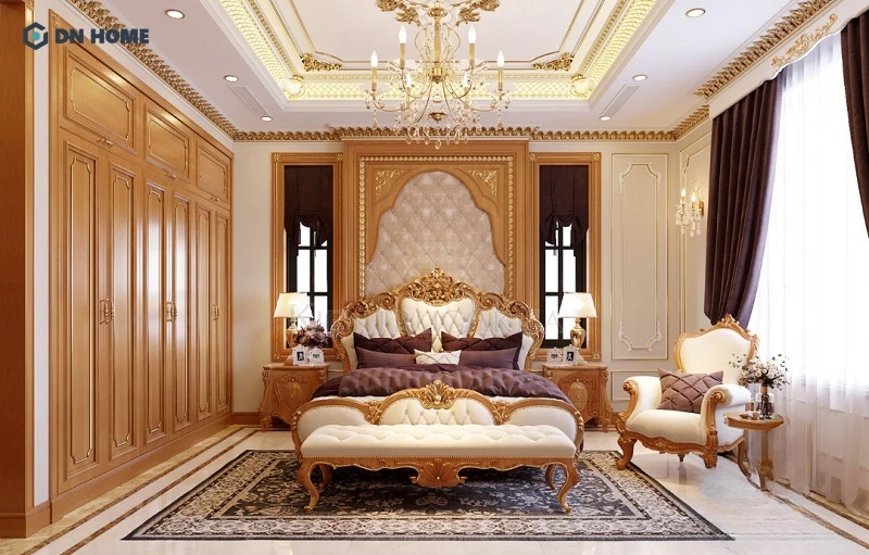 Không gian phòng ngủ tân cổ điển đẹp tinh tế, nổi bật với các đường phào chỉ nhẹ nhàng, thảm hoạ tiết độc đáo