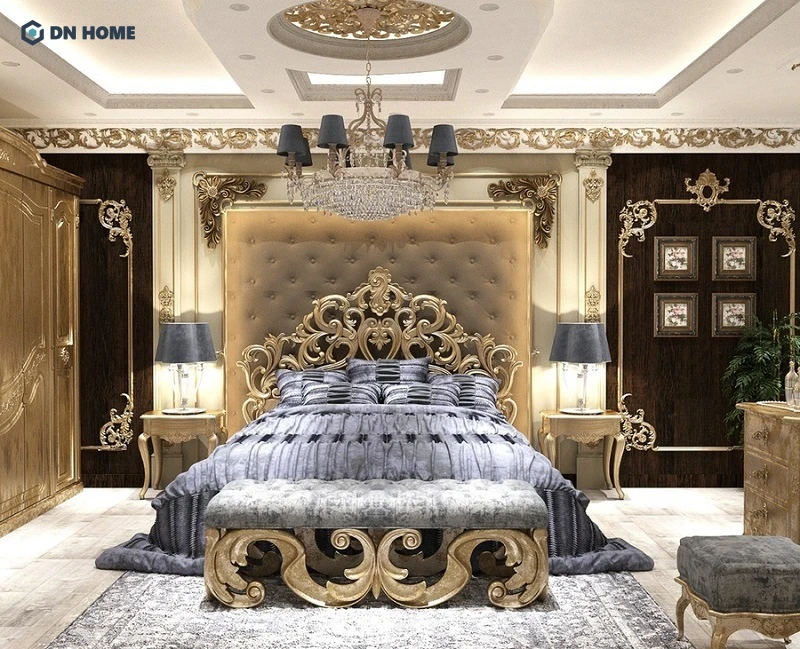 Để không gian trở nên đậm chất hoàng gia, bạn có thể tham khảo các mẫu giường có phần đầu giường chạm khắc tinh tế