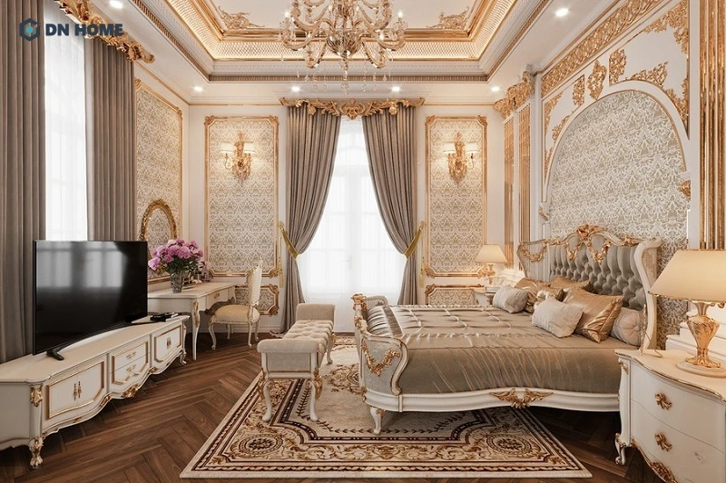 Phòng ngủ kiểu hoàng gia đặc trưng bởi những chi tiết chạm khắc tinh xảo