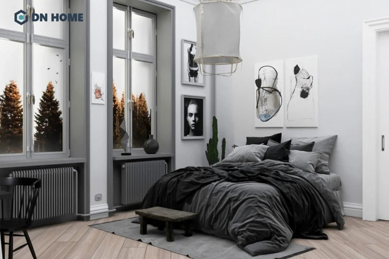 Trong phòng ngủ Scandinavian, gam màu trắng được sử dụng chủ đạo và màu đen đóng vai trò điểm nhấn