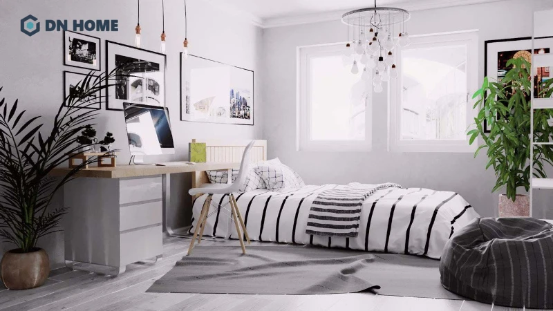 Tranh ảnh và cây xanh là đồ vật trang trí không thể thiếu trong phòng ngủ phong cách Bắc Âu