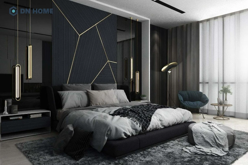 Chất liệu cao cấp và chi tiết kim loại mạ vàng là không thể thiếu trong phòng ngủ phong cách luxury
