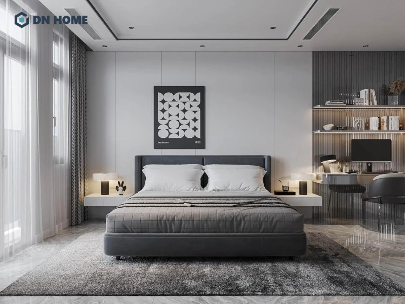 Nên treo tranh ảnh đơn giản, trừu tượng để làm điểm nhấn tinh tế trong phòng ngủ đen trắng