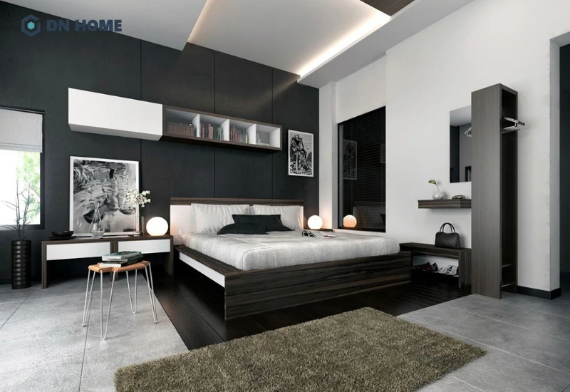 Các đường nét hình khối thẳng là điểm đặc trưng của phòng ngủ đen trắng phong cách hiện đại