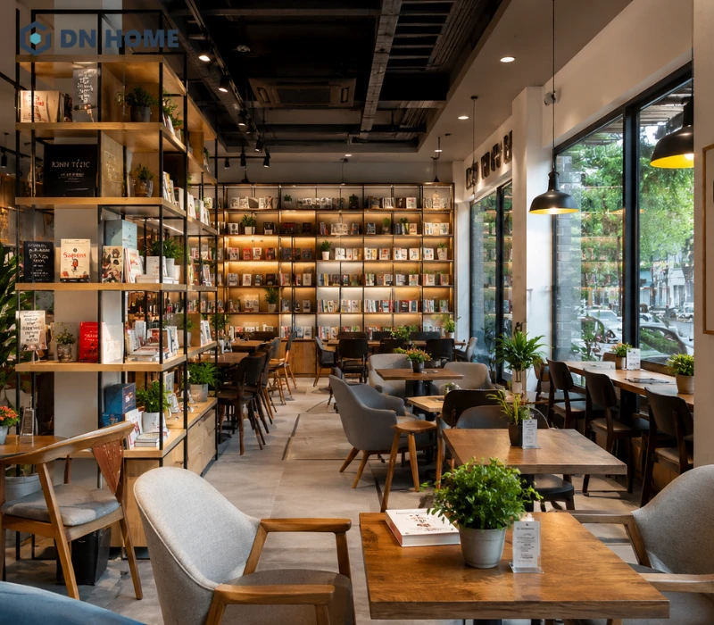 Không gian quán cafe sách phong cách hiện đại với thiết kế mở, kệ sách cao sát trần, nội thất gỗ tối giản
