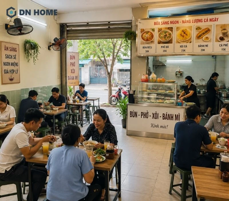 Quán được thiết kế đơn giản bình dị sạch sẽ không gian thoáng