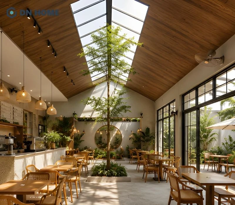 Thiết kế mái dốc kết hợp giếng trời giúp quán cafe 1 tầng tận dụng tối đa ánh sáng tự nhiên, tạo không gian thông thoáng và tăng tính thẩm mỹ cho tổng thể công trình.