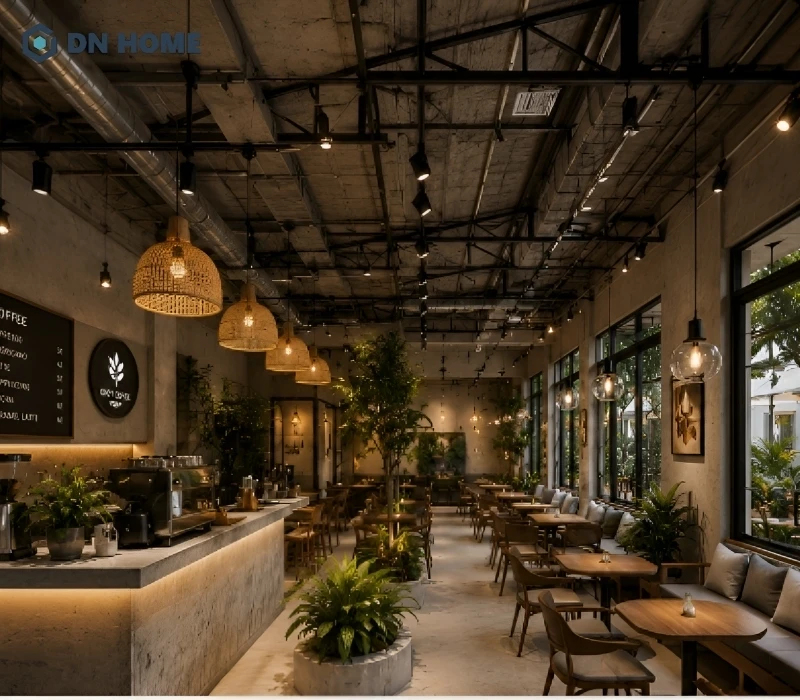 Hệ trần để lộ kết cấu kết hợp đèn thả trang trí tạo điểm nhấn độc đáo, mang đến chiều sâu và cá tính riêng cho không gian quán cafe 1 tầng.