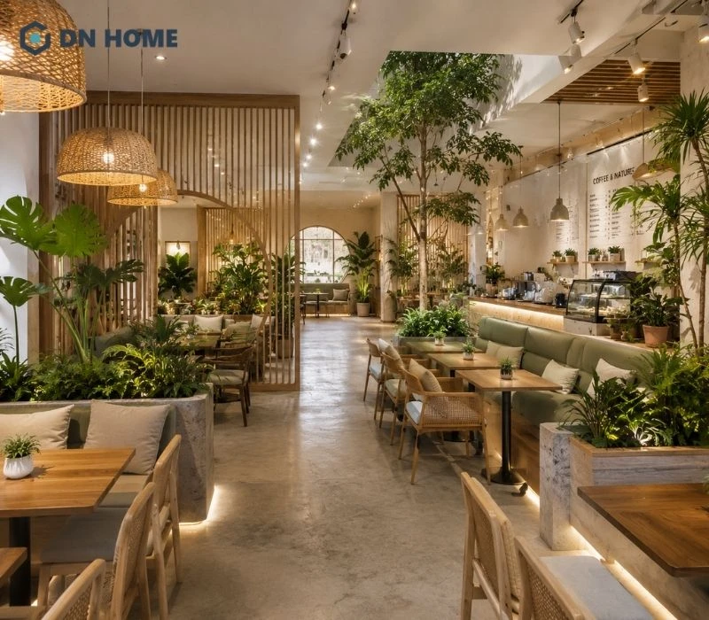 Bố trí nội thất khoa học cùng cây xanh và vách ngăn mềm giúp quán cafe 1 tầng tối ưu diện tích, tạo sự thông thoáng và mang lại trải nghiệm thoải mái cho khách hàng.