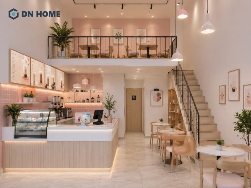 Quán cafe 2 tầng diện tích nhỏ với tồng hồng pastel