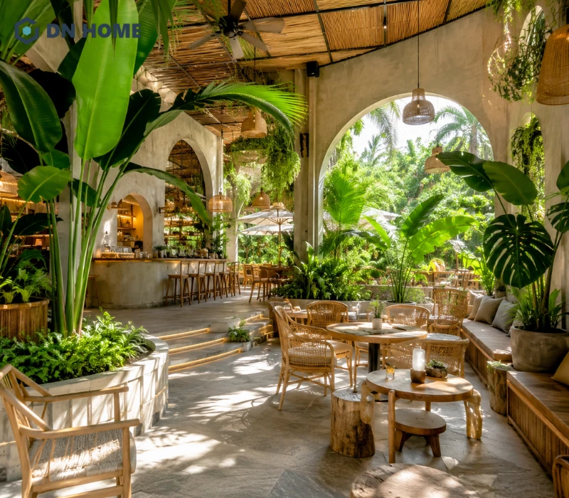 Không gian quán cafe với cây xanh, và ánh sáng ngập tràn mang đến trải nghiệm thư giãn