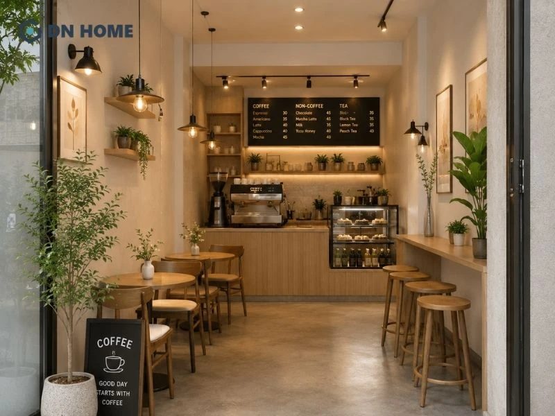 Quán cafe nhỏ với thiết kế tối giản, ánh sáng vàng ấm