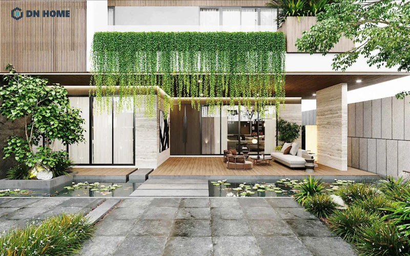 Sân vườn trước nhà lát đá tạo điểm nhấn ấn tượng