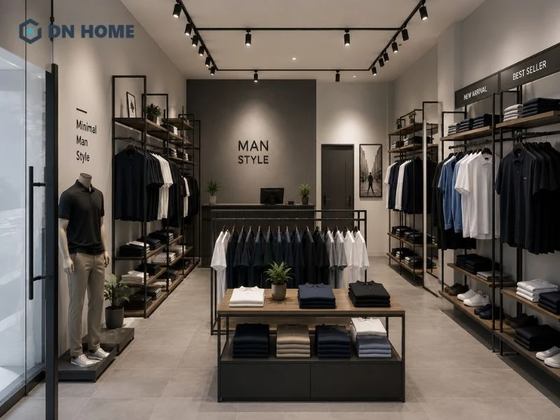 thiết kế shop quần áo nam với nội thất thiết kế tối giản