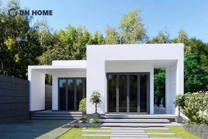 Nhà cấp 4 chữ L 2 phòng ngủ phong cách hiện đại gây ấn tượng với đường nét vuông vức, chắc chắn
