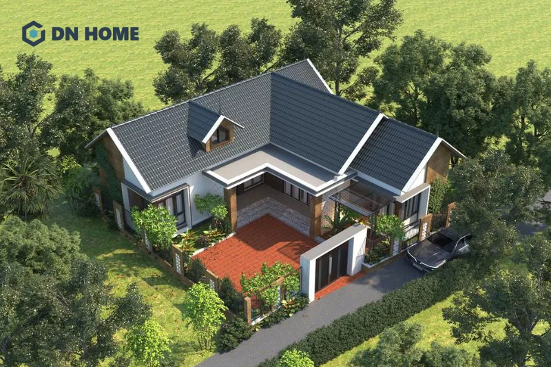Sự tương phản giữa màu ngói mái Thái và tường nhà giúp công trình trở nên nổi bật, thu hút hơn