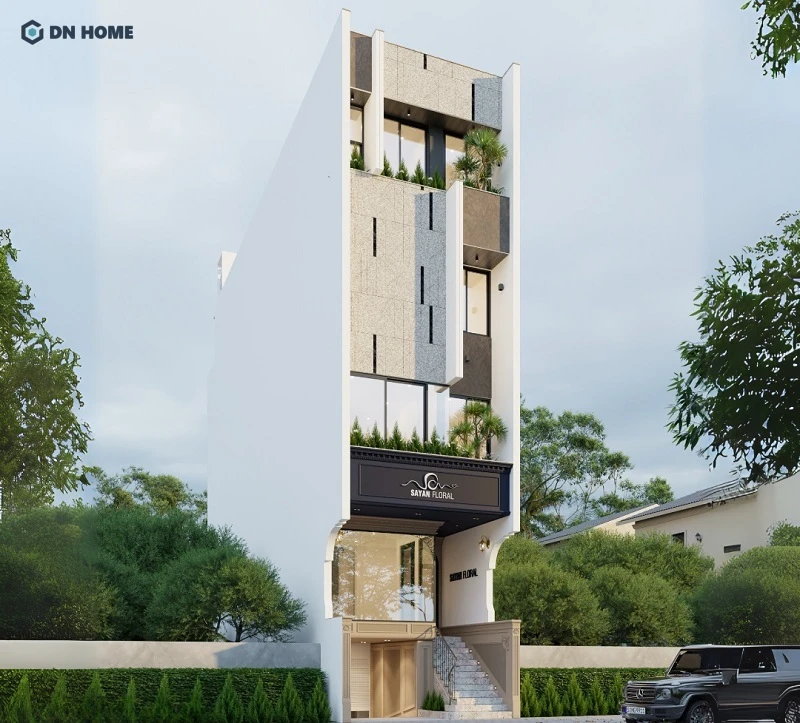 Mẫu nhà phố 4 tầng đẹp, sử dụng cửa kính lớn kết hợp cây xanh giúp cho phần mặt tiền trở nên xanh mát hơn