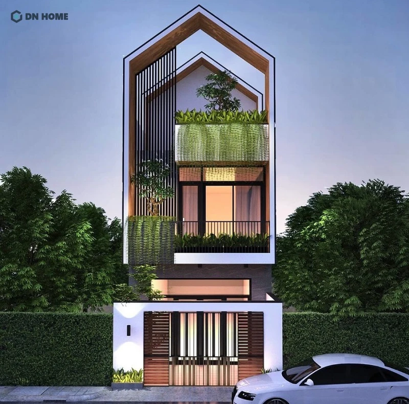 Mẫu nhà phố mặt tiền 4m với thiết kế ngoại thất ấn tượng, điểm xuyết nhiều cây xanh mát mắt