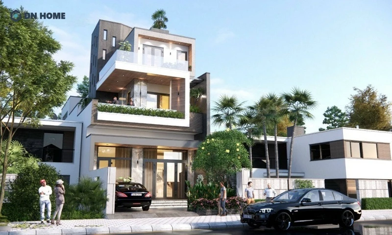 Mẫu nhà phố mặt tiền 7m với khoảng lùi phía trước tạo nơi đậu xe và bố trí tiểu cảnh, giúp không gian thêm phần sinh động