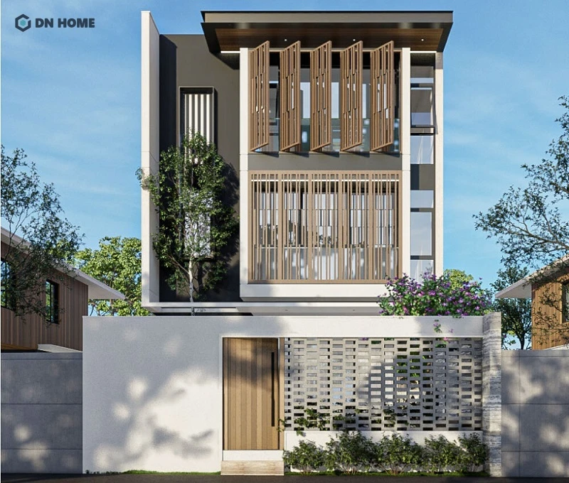 Mẫu nhà phố thiết kế hiện đại, kết hợp lam gỗ giúp che nắng và tạo điểm nhấn cho tổng thể phần mặt tiền
