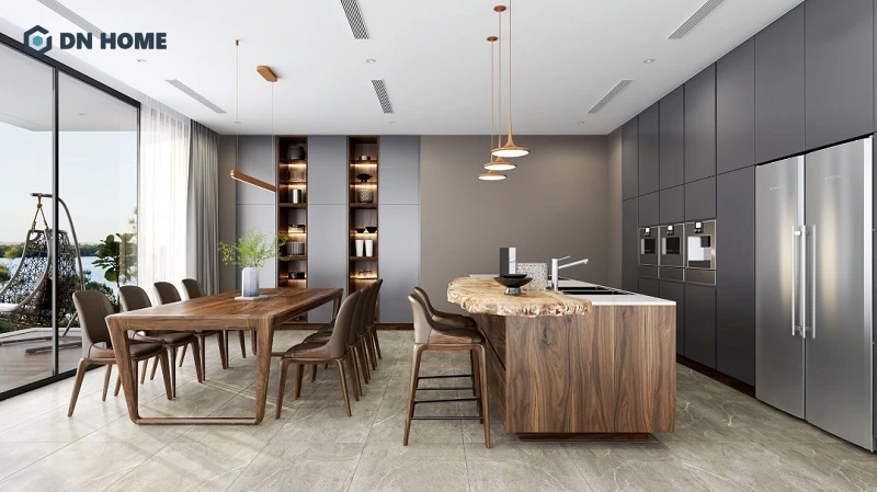 Mẫu thiết kế bếp Penthouse tối giản, hạn chế tối đa phần tay cầm giúp không gian liền mạch hơn