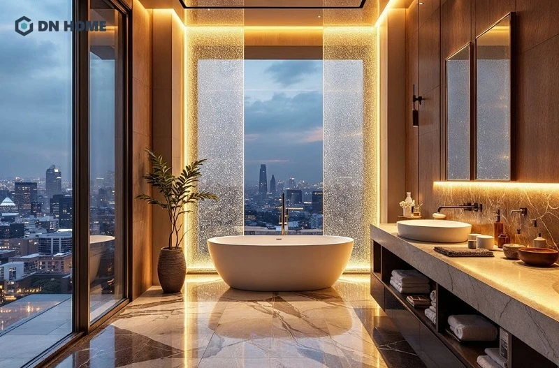 Để phòng tắm căn hộ Penthouse trở nên đẳng cấp hơn, gia chủ nên ưu tiên các loại vật liệu cao cấp