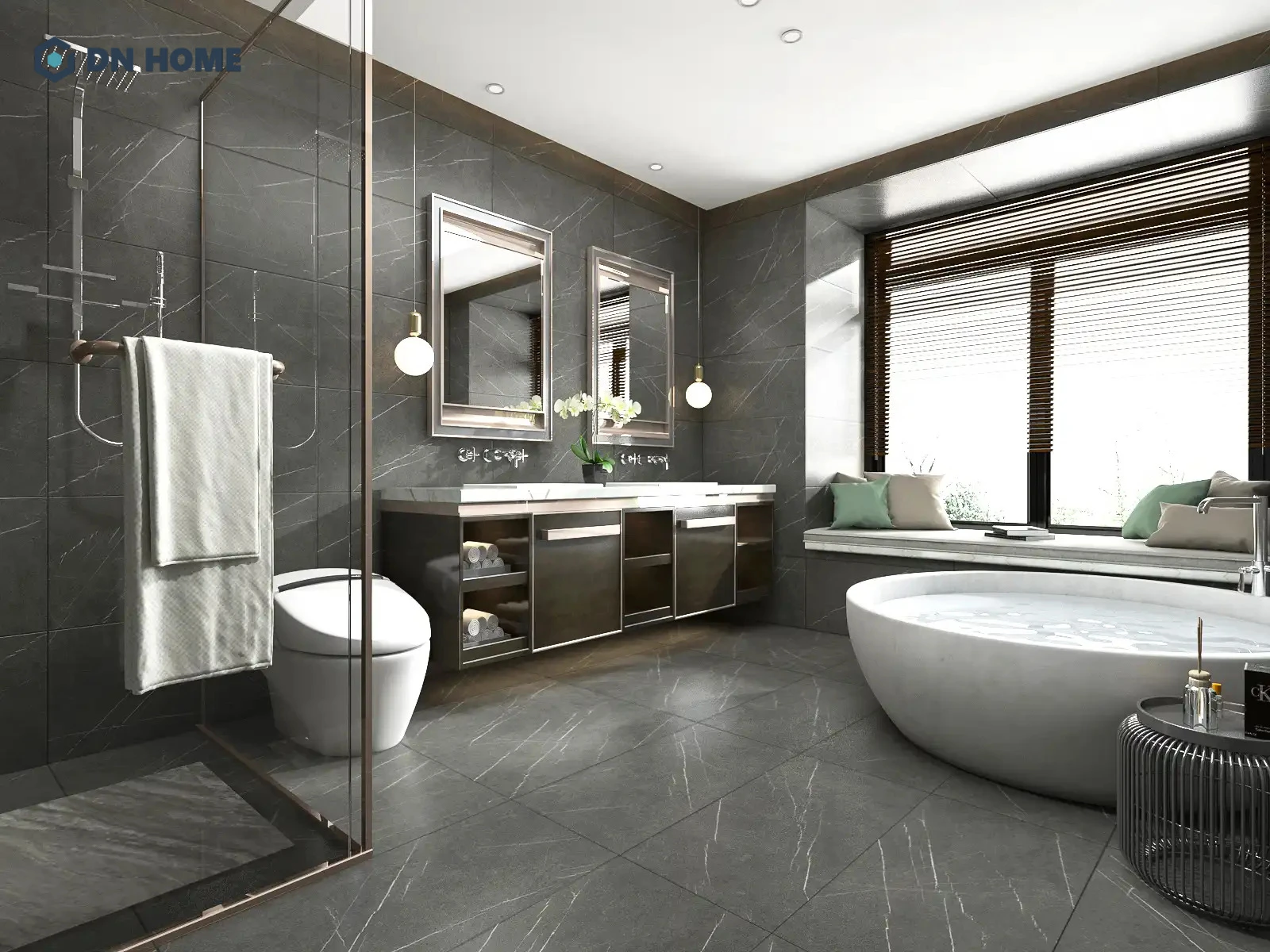 Mẫu thiết kế phòng tắm Penthouse với tone màu tối sang trọng
