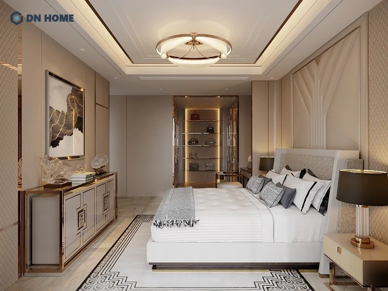 Phòng ngủ Penthouse Luxury nổi bật bởi chi tiết mạ vàng đồng kết hợp ánh sáng nhẹ nhàng tạo nên không gian nghỉ ngơi lý tưởng