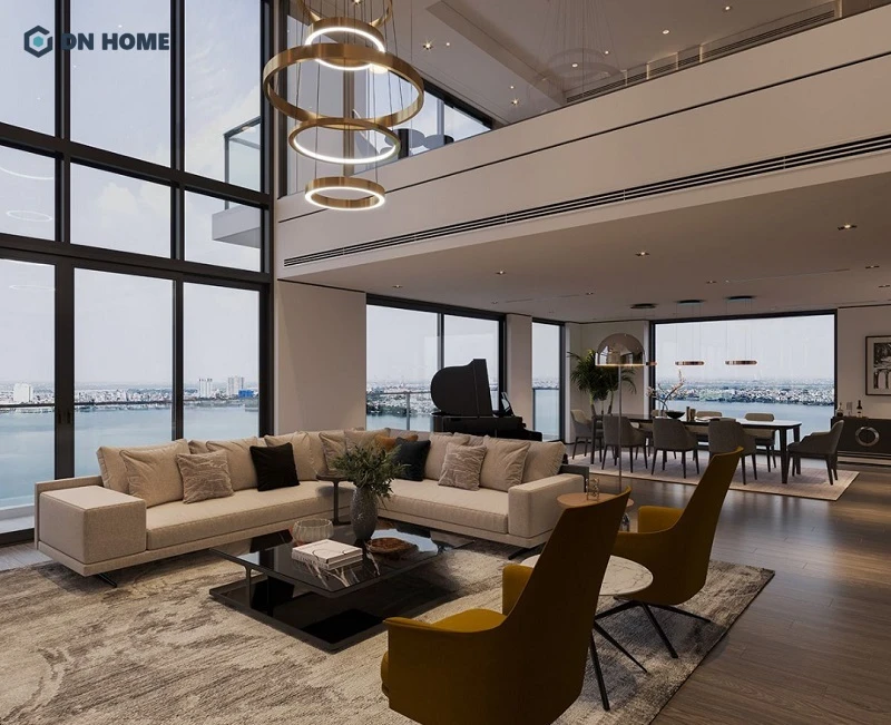 Thiết kế nội thất Penthouse không gian mở, sử dụng cửa kính lớn giúp đem lại cái nhìn toàn cảnh tuyệt đẹp