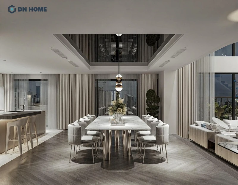 Thiết kế nội thất Penthouse thông tầng ưu tiên không gian mở, khu vực sinh hoạt chung được liên thông với nhau