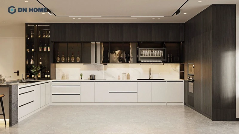 Thiết kế nội thất Penthouse với không gian bếp rộng rãi, thiết kế tủ kịch trần giúp tăng khả năng lưu trữ