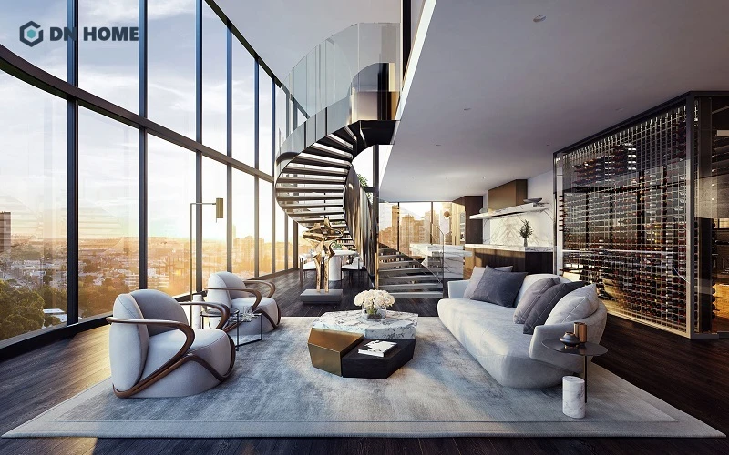 Mẫu thiết kế nội thất Penthouse không gian mở, sử dụng cửa kính lớn giúp tối ưu ánh sáng tự nhiên