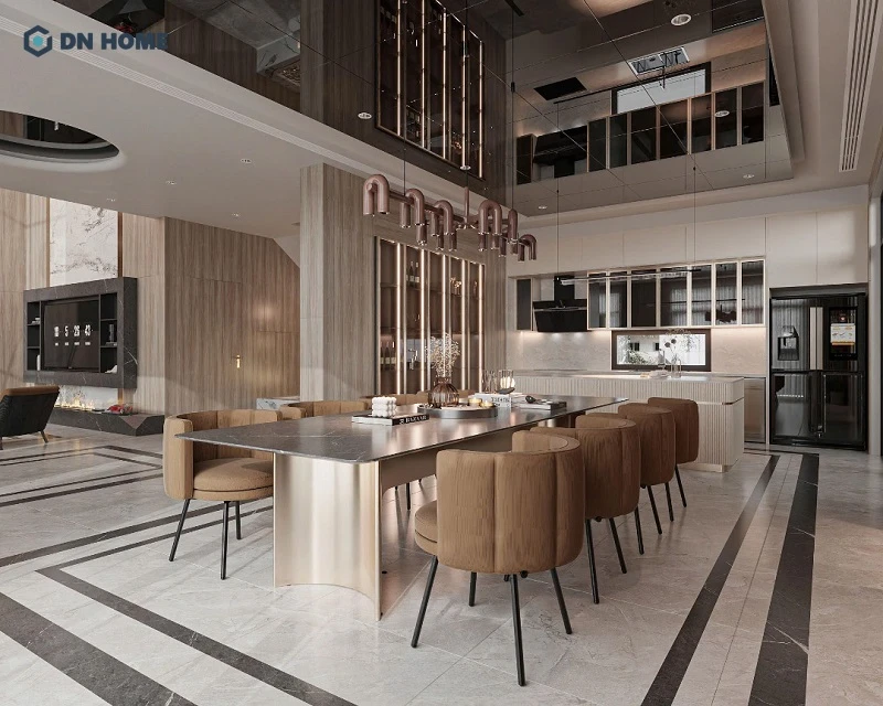 Thiết kế nội thất phòng bếp Penthouse sang trọng, liên thông giữa phòng khách, bếp và khu vực dùng bữa