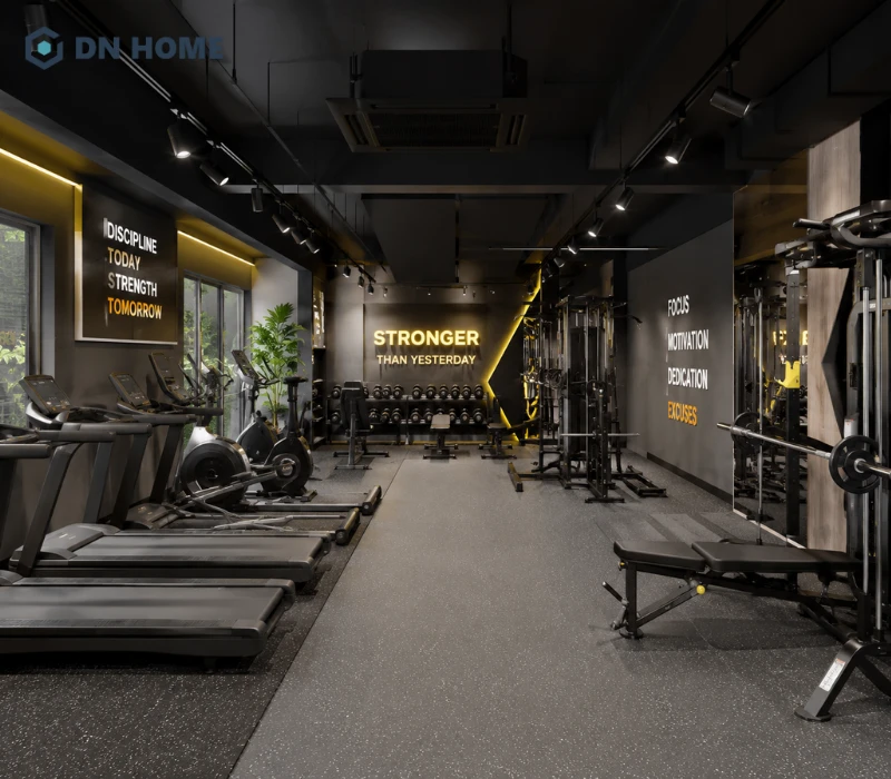 Thiết kế phòng gym dưới 200m² tối ưu diện tích với đầy đủ khu vực cardio, tập tạ và máy tập cơ bản, phù hợp mô hình phòng tập quy mô nhỏ.