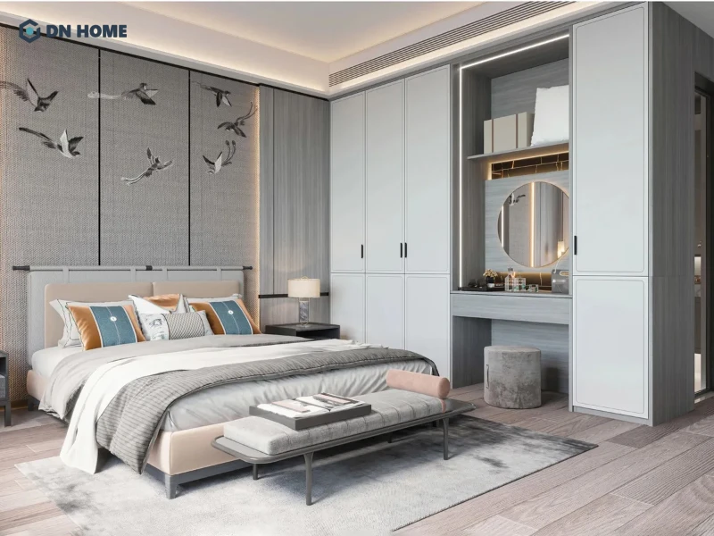 Tủ âm tường thiết kế nối liền bàn trang điểm tối ưu diện tích phòng ngủ hiệu quả