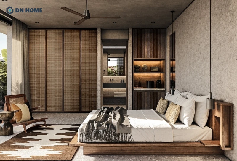 Tủ âm tường với những ngăn trống dùng để trưng bày đồ vật, nâng cao tính thẩm mỹ phòng ngủ