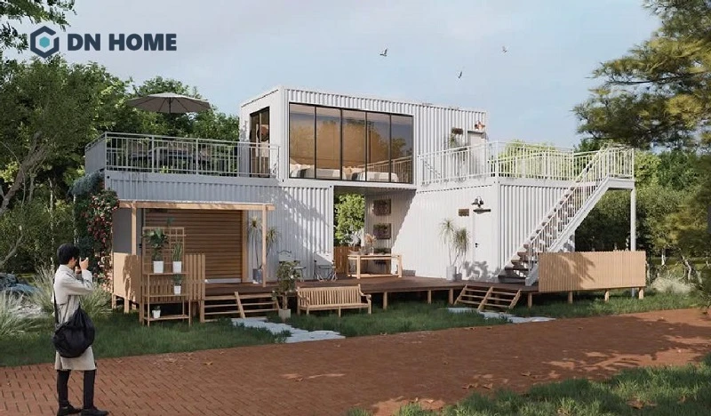 Thiết kế quán cafe container xếp tầng thường có thêm khu vực sân thượng giúp khách hàng có thêm không gian ngắm cảnh