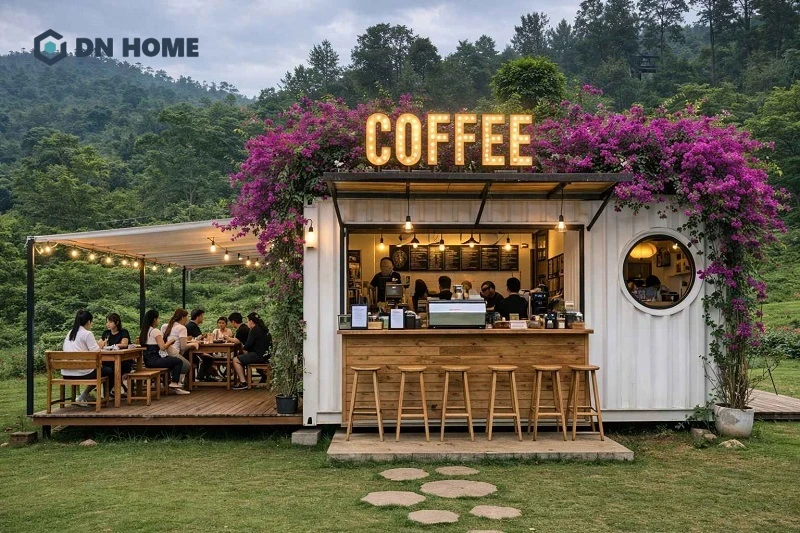 Không gian quán cafe container gần gũi với thiên nhiên, tạo ra trải nghiệm thú vị cho khách hàng