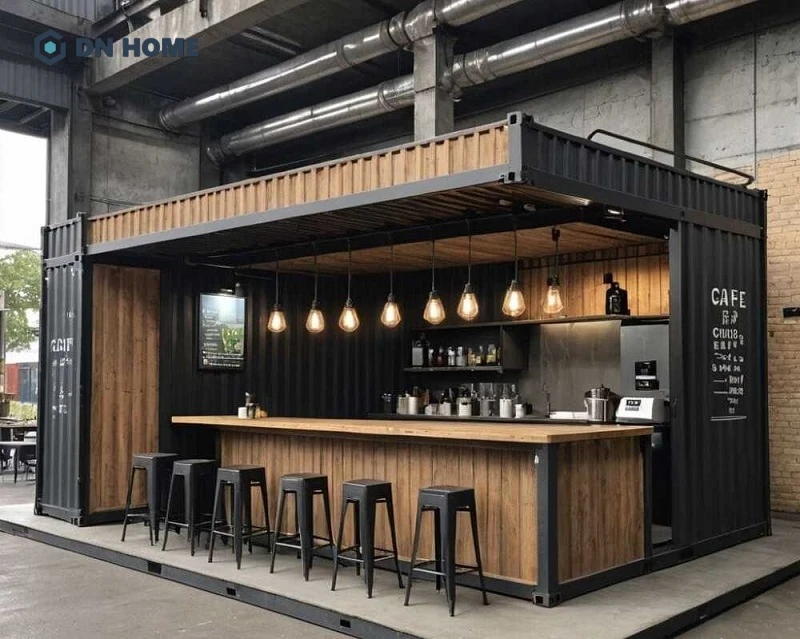 Mẫu quán cafe container takeaway có khu vực ghế cho khách ngồi đợi tiện lợi